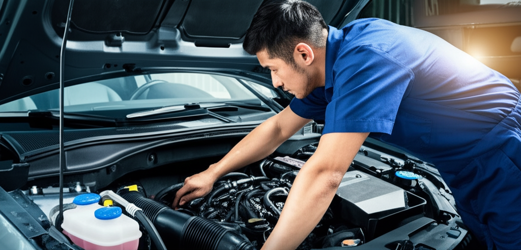 Mechanic working on car engine at Five Star Auto Clinic in Castaic